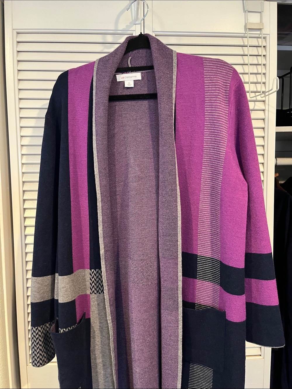 Liz Claiborne Purple Navy Gray Colorblock Open Front Cardigan. XL NWOT